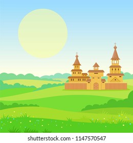 Animation landscape: green valley, ancient Slavic city, tower, fence, churches. The place for the text. Vector illustration.