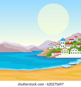 Animation landscape: sea coast, mountains, ancient city port. The place for the text. Vector illustration.