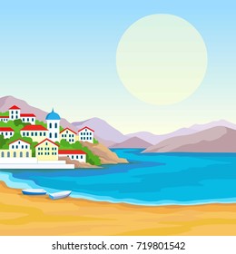 Animation landscape: sea coast, mountains, ancient city port. The place for the text. Vector illustration.