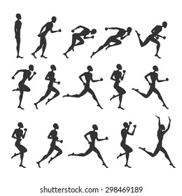 Animation Light Athletics 2016 Summer Games running black silhouette white background Icon Set. 