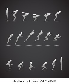 Animation Light Athletics 2016 Summer Games white silhouette black background Icon Set.