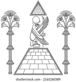 Animation linear drawing: Divine Falcon sits atop  pyramid. Ornamental trees. Vector illustration isolated on a white background. Print, poster, T-shirt