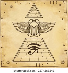 Animation linear drawing: Divine scarab beetle sits atop  pyramid. Eye of  god Horus. Background - imitation old paper. Vector illustration.