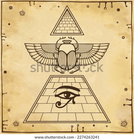 Animation linear drawing: Divine scarab beetle sits atop  pyramid. Eye of  god Horus. Background - imitation old paper. Vector illustration.