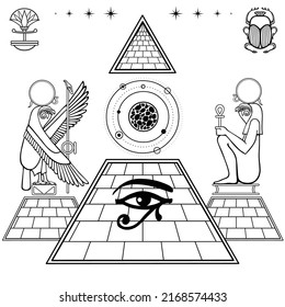 Animation linear drawing: Egyptian pyramid, god Ra in image bird sacred falcon and a person. All-Seeing Eye of  god Horus. Energy sphere inside pyramid. Vector illustration isolated on a white.