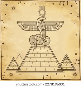 Animation linear drawing: God Apop (Sacred winged Serpent) sits atop the pyramid. Background - imitation old paper. Vector illustration.