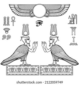 Animation linear drawing: set of Egyptian symbols. Falcon with a human head and hands. Vector illustration isolated on a white background. 