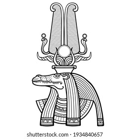 Animation linear portrait Ancient Egyptian god Sobek. Deity with a crocodile's head. Profile view.  Vector illustration isolated on a white background. Print, poster, t-shirt, tattoo.