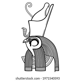 Animation linear portrait Ancient Egyptian god Horus. Deity with head of a bird, patron of the pharaohs. Profile View. Vector illustration isolated on a white background. Print, poster, t-shirt