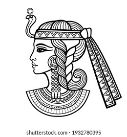 Animation linear portrait of beautiful Egyptian woman. Profile view. Vector illustration isolated on a white background. Print, poster, t-shirt, tattoo.