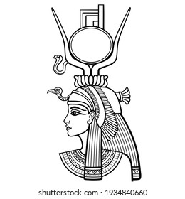 Animation linear portrait of beautiful Egyptian woman. Goddess Isis. Profile view. Vector illustration isolated on a white background. Print, poster, t-shirt, tattoo.