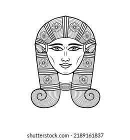 Retrato lineal de animación: hermosa diosa egipcia Hathor con orejas de vaca. Deidad del cielo, alegría, amor y belleza. Ilustración vectorial aislada en un fondo blanco. 