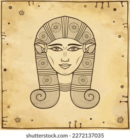 Retrato lineal de animación: hermosa diosa egipcia Hathor con orejas de vaca. Deidad del cielo, alegría, amor y belleza. Antecedentes - imitación de papel viejo. Ilustración vectorial.