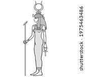 Animation linear portrait: Egyptian Goddess Isis holds symbols of power - a cross and a staff. Full growth. Profile view. Vector illustration isolated on a white background. 
