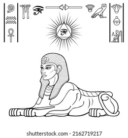 Animation linear portrait: Egyptian sphinx body of a lion and the head of a woman. Set of hieroglyphs. Vector illustration isolated on a white background.