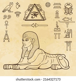 Animation linear portrait: Egyptian sphinx body of a lion and the head of a woman. Set of hieroglyphs. Vector illustration.  Background - old paper.