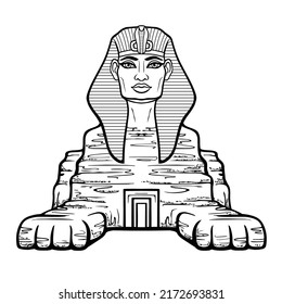 Animation linear portrait: Egyptian sphinx body of a lion and the head of a man. Door is inside body. Vector illustration isolated on a white background. Print, poster, t-shirt, tattoo.