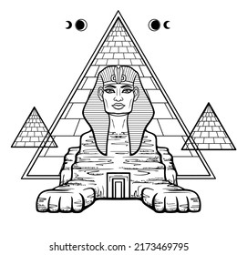 Animation linear portrait: Egyptian sphinx body of a lion and the head of a man. Door is inside body. Pyramid Valley. Vector illustration isolated on a white background. 