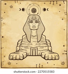 Animation linear portrait: Egyptian sphinx body of a lion and the head of a man. Door is inside body. 
 Background - imitation old paper. Vector illustration.