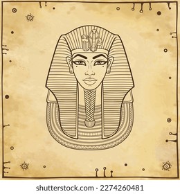 Animation linear portrait: King Tutankhamun mask, ancient Egyptian pharaoh.  Background - imitation old paper. Vector illustration.