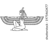 Animation linear portrait: sitting goddess of justice Maat. Profile view. Vector illustration isolated on a white background. Print, poster, t-shirt, tattoo.