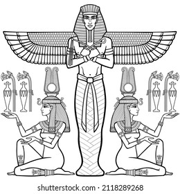 Animation linear portrait: winged Egyptian pharaoh holds symbols of power. Girls present him with jugs of gifts. Vector illustration isolated on a white background. Print, poster, t-shirt, tattoo.