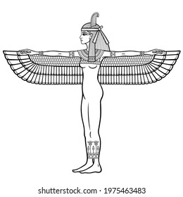 Animation linear portrait: winged goddess of justice Maat. Full growth. Profile view. Vector illustration isolated on a white background. Print, poster, t-shirt, tattoo.