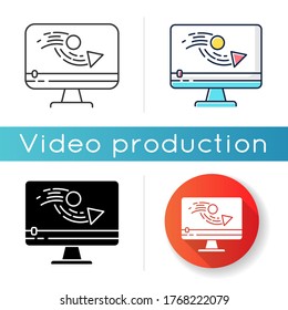 Animation making icon. Video production process. Digital content editing. Motion graphic creating. Film making. Linear black and RGB color styles. Isolated vector illustrations