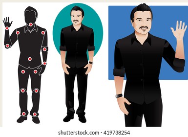 FOR ANIMATION. man character in black shirt, doll with separate joints. Gestures for animated work movement. Parts of body template for design work and animation. Body elements. Set