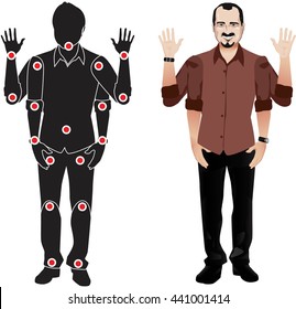 FOR ANIMATION. man character in black shirt, doll with separate joints. Gestures for animated work movement. Parts of body template for design work and animation. Body elements. Set