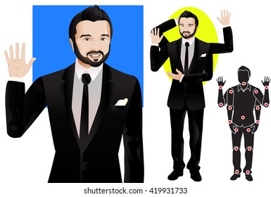 FOR ANIMATION. man character in formal suit and tie, doll with separate joints. Gestures for animated work movement. Parts of body template for design work and animation. Body elements. Set
