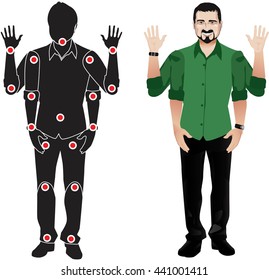 FOR ANIMATION. man character in green shirt, doll with separate joints. Gestures for animated work movement. Parts of body template for design work and animation. Body elements. Set. mustache