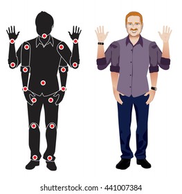 FOR ANIMATION. man character in lilac shirt, doll with separate joints. Gestures for animated work movement. Parts of body template for work and animation. Body elements. Set. Red head man with beard