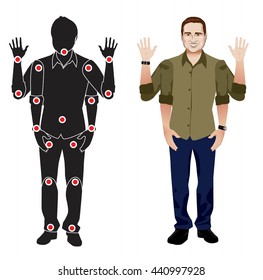 FOR ANIMATION. man character in mustard shirt, doll with separate joints. Gestures for animated work movement. Parts of body template for design work and animation. Body elements. Set
