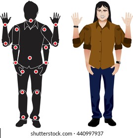 FOR ANIMATION. man character in mustard shirt, doll with separate joints. Gestures for animated work movement. Parts of body template for design work and animation. Body elements. Set. long hair