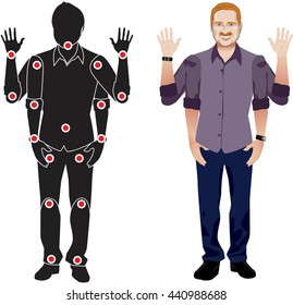 FOR ANIMATION. man character in wine shirt, doll with separate joints. Gestures for animated work movement. Parts of body template for animation. Body elements. Set. Red head and mustache