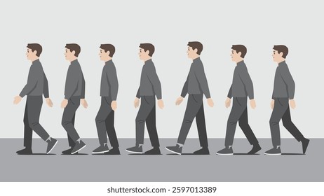 Animation of a man in grey shirt and short pants with one hand in pocket walking in side view showing the step cycle sequence