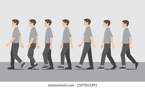 Animation of a man in grey shirt and short pants with one hand in pocket walking in side view showing the step cycle sequence