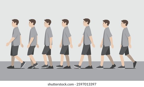Animation of a man in grey shirt and short pants with one hand in pocket walking in side view showing the step cycle sequence