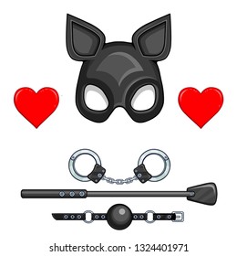 Animation mask of a cat. Set of erotic toys: handcuffs, stack, ball gag. Vector illustration isolated on a white background. Valentine's Day card.