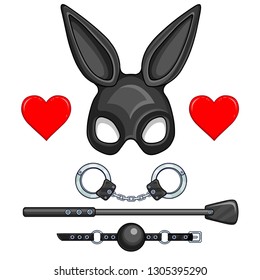 Animation mask of a rabbit. Set of erotic toys: handcuffs, stack, ball gag. Vector illustration isolated on a white background. Valentine's Day card.