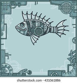 Animation mechanical fish. Background - a frame from metal details, the iron mechanism.