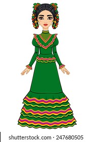 Animation Mexican girl in an ancient dress. Isolated on a white background.