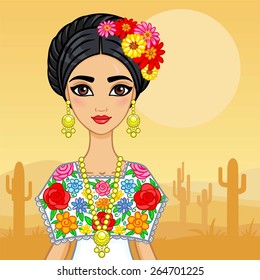 Animation Mexican girl in an ancient dress. Background the desert with cactus.