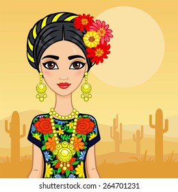Animation Mexican girl in an ancient dress. Background the desert with cactus.