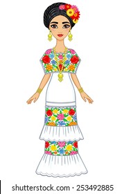 Animation Mexican girl in a festive dress. Isolated on a white background.