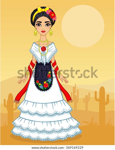 Animation Mexican Girl Festive Dress Background Stock Vector (Royalty ...