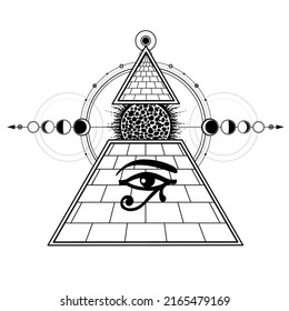 Animation monochrome drawing: ball of sun emerges from the Egyptian Pyramid. Eye of Horus, sacred geometry, phases of the moon. Vector illustration isolated on a white background. 