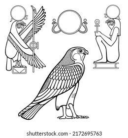 Animation monochrome drawing: set of images of sacred Egyptian Falcon bird. Animal and human. Vector illustration isolated on a white background.