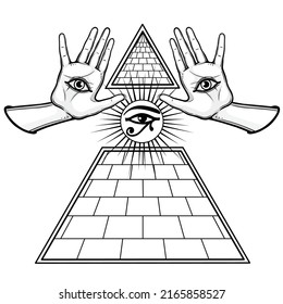 Animation Monochrome Drawing: Sun Disk Emerges From Egyptian Pyramid. Eye Of God Horus. Human Hands. Alchemy, Mysticism, Occultism. Vector Illustration Isolated On A White Background. 